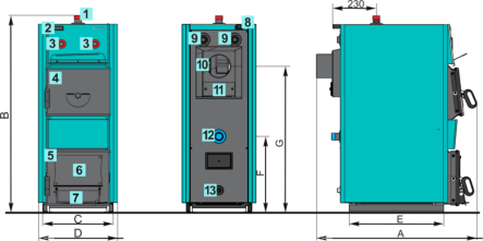 Solid fuel boilers EKO CK-P 14-110kW BASIC DIMENSIONS: